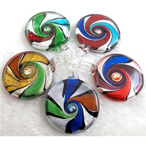 dichromatic glass lampwork pendant with silver foil, flat-round, mixed color, 40mm dia