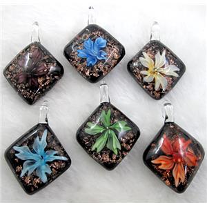 murano style lampwork glass pendant with goldsand, square, mixed color, 32x45mm