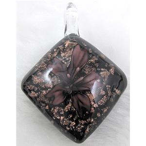murano style lampwork glass pendant with goldsand, flower, 32x45mm