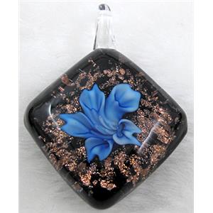 murano style lampwork glass pendant with goldsand, flower, blue, 32x45mm