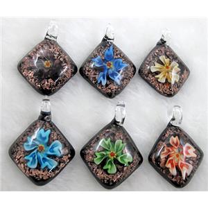 murano style lampwork glass pendant with goldsand, flower, mixed color, 32x45mm