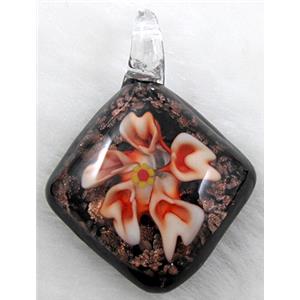 murano style lampwork glass pendant with goldsand, flower, red, 32x45mm