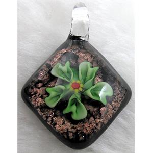 murano style lampwork glass pendant with goldsand, flower, green, 32x45mm