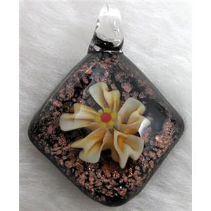 murano style lampwork glass pendant with goldsand, flower, lt.yellow, 32x45mm