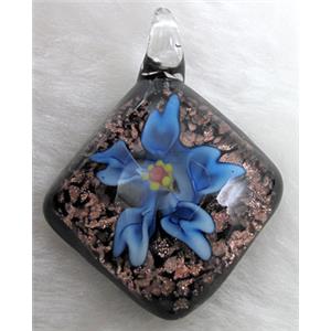 murano style lampwork glass pendant with goldsand, flower, blue, 32x45mm