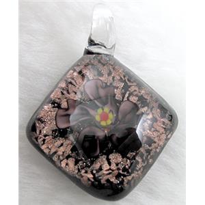 murano style lampwork glass pendant with goldsand, flower, grey, 32x45mm