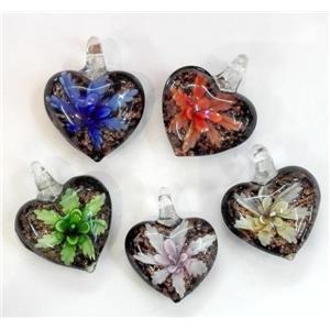 lampwork pendant with flower, mixed color, approx 30mm dia