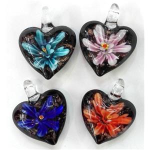 lampwork pendant within flower, heart, approx 30mm dia