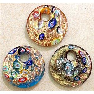 Lampwork glass pendant within gold foil. mixed color, approx 40mm dia