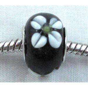 lampwork glass beads, flower, rondelle, black, approx 14mm dia, hole: 5mm
