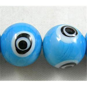 lampwork glass beads with evil eye, round, blue, 12mm dia, 3 eyes
