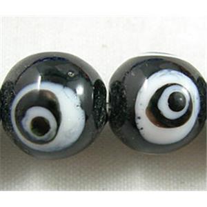 lampwork glass beads with evil eye, round, black, 12mm dia, 3 eyes