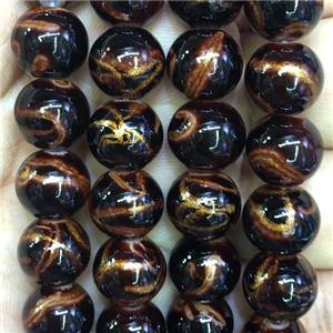 black Lampwork Glass Beads with goldsand, round, approx 10mm dia