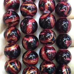 darkred Lampword Beads with goldsand, round, approx 10mm dia