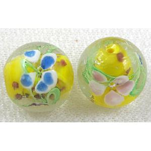 glass lampwork beads with goldsand, round, flower, yellow, 20mm dia