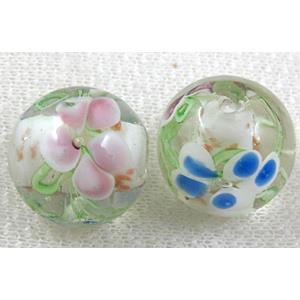 glass lampwork beads with goldsand, round, flower, white, 20mm dia