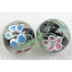 glass lampwork beads with goldsand, round, flower, black, 20mm dia