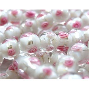 glass lampwork beads with silver foil, round, pink flower, white, 12mm dia