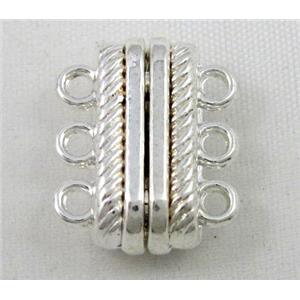 Magnetic alloy connector clasp, silver plated, approx 14x18mm, 3 hole per tier