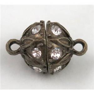 Magnetic alloy connector clasp paved rhinestone, antique bronze, approx 13mm dia