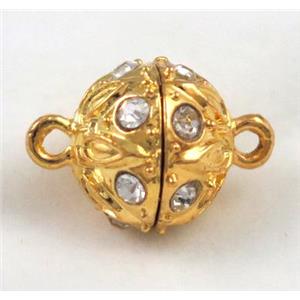Magnetic alloy connector clasp paved rhinestone, gold plated, approx 13mm dia