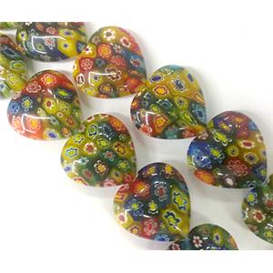 Millefiori glass bead, heart, mixed, 22mm wide, approx 18pcs per st