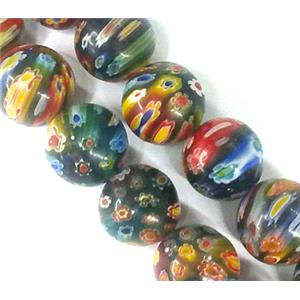 Millefiori glass bead, round, mixed, 14mm dia, approx 28pcs per st