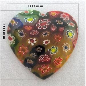 Murano Millefiori Glass Cabochon, heart, multi-flower, flat-back, 30mm dia