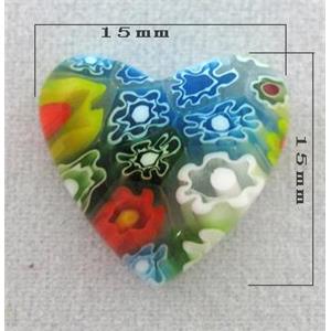heart Cabochon, Millefiori glass bead, multi-flower, flat-back, 15x15mm