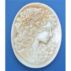 Mother of Pearl cabochon, oval, carved beauty, white, 22x30mm,3mm thick
