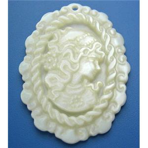 Mother of Pearl pendant, oval, carved beauty, white, 32x42mm,4mm thick