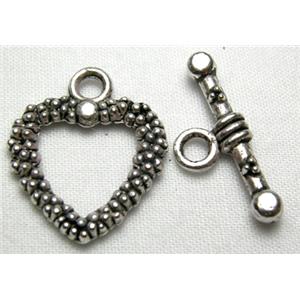 Tibetan Silver toggle clasps non-nickel, Heart:16mm wide, stick:19mm length