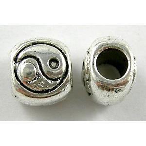 Tibetan Style Chinese Taichi Zinc Beads, Antique Silver, 9x10mm, hole:4.5mm