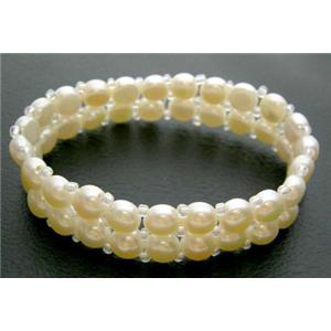 Elastic White Freshwater Pearl Bracelet , Two Row, braelet: 5.5cm dia, pearl beads: 6~7mm