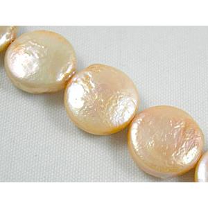 freshwater pearl beads, flat-round, pink, 12mm dia, 32beads per st