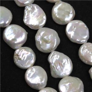 Ffreshwater pearl button beads, natural color, coin round, white, approx 12-13mm