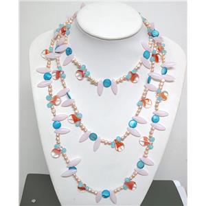fashion textured Pearl Necklace with glass, shell bead, 160cm (64  inch) length