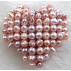 freshwater pearl pendant, cluster, heart, handcraft, purple, 35mm dia