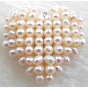 freshwater pearl pendant, cluster, heart, handcraft, white, 35mm dia