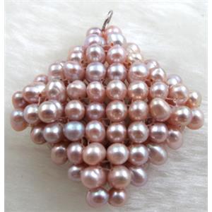 freshwater pearl pendant, cluster, square, handcraft, purple, 40x40mm