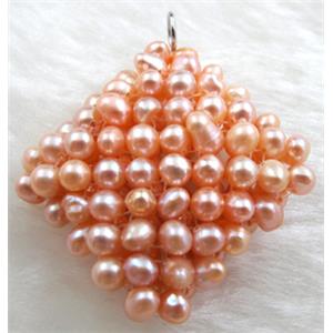 freshwater pearl pendant, cluster, square, handcraft, pink, 40x40mm