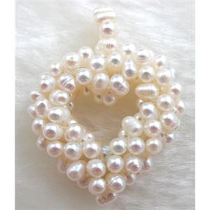 freshwater pearl pendant, cluster, heart, handcraft, white, 40x50mm