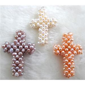 freshwater pearl pendant, cluster, cross, handcraft, mixed color, 33x45mm