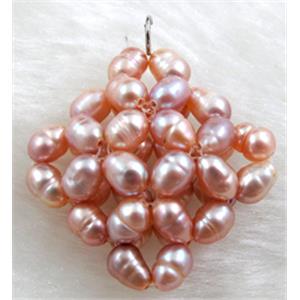freshwater pearl pendant, cluster, square, handcraft, purple, 28x28mm