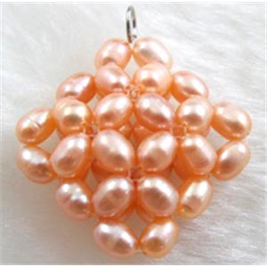 freshwater pearl pendant, cluster, square, handcraft, pink, 28x28mm