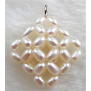 freshwater pearl pendant, cluster, square, handcraft, white, 28x28mm