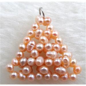 freshwater pearl pendant, cluster, triangle, handcraft, pink, 28x28mm