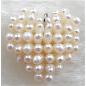 freshwater pearl pendant, cluster, heart, handcraft, white, 25mm dia