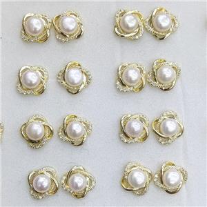 Natural White Pearl Copper Stud Earring Flower Gold Plated, approx 6mm, 11mm