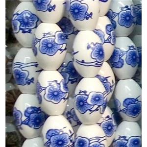 blue and white Porcelain Beads, barrel, 11x16mm, 25pcs per st